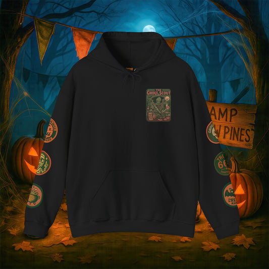 Ghoul Scout Halloween Hoodie – Vintage Spooky Sweatshirt with Arm Design | Halloween Costume Hoodie | Ghost & Pumpkin Graphic Hoodie