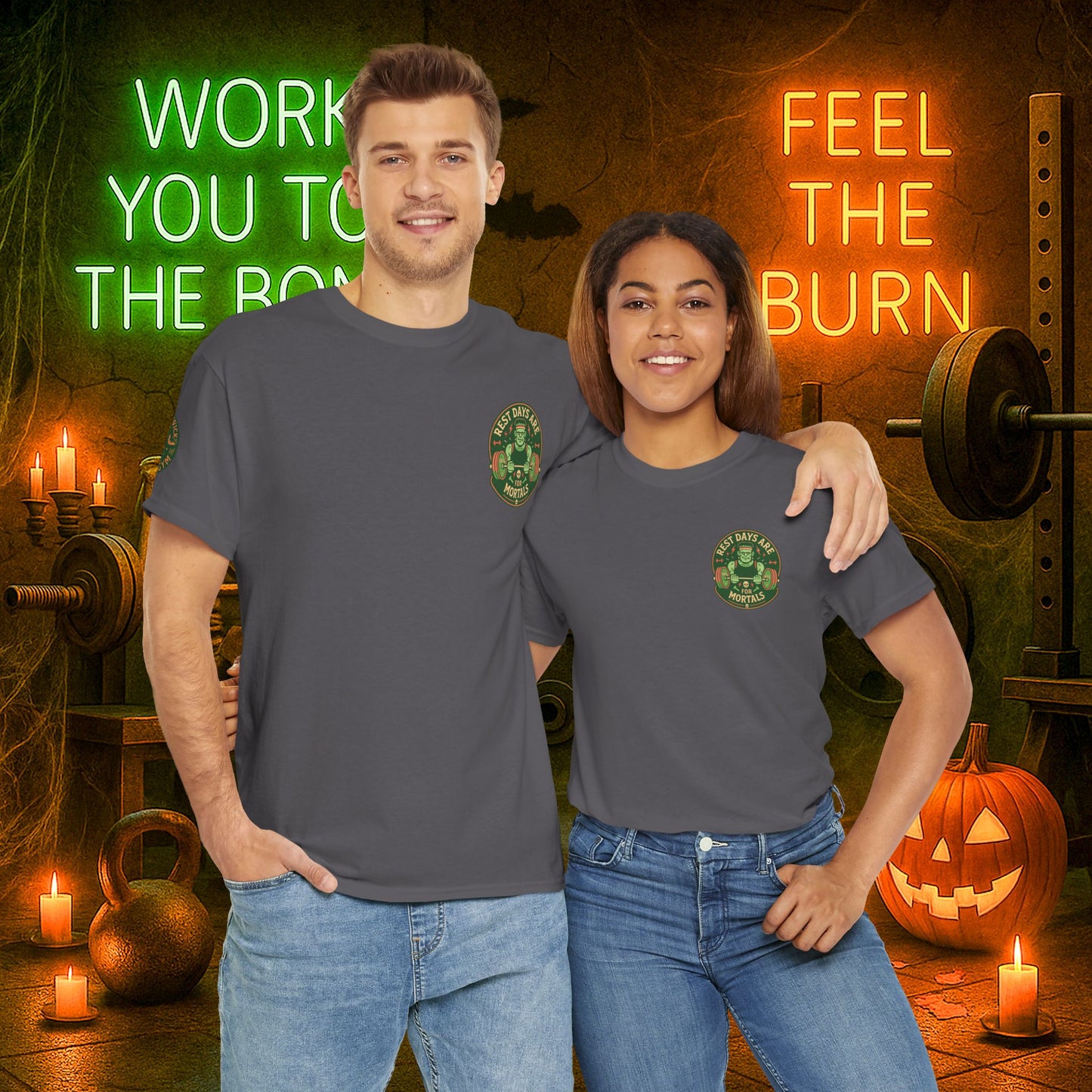 “You Don’t Need Brains Just Gains” Halloween Shirt – Frankenstein & Skeleton Gym Graphic Tee with Arm Design | Funny Spooky Season Costume T-Shirt