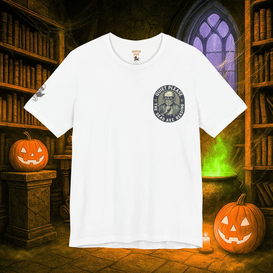 Halloween Shirt with Haunted Library Design & Arm Graphic – Spooky Season Costume Tee for Halloween Party, Men & Women