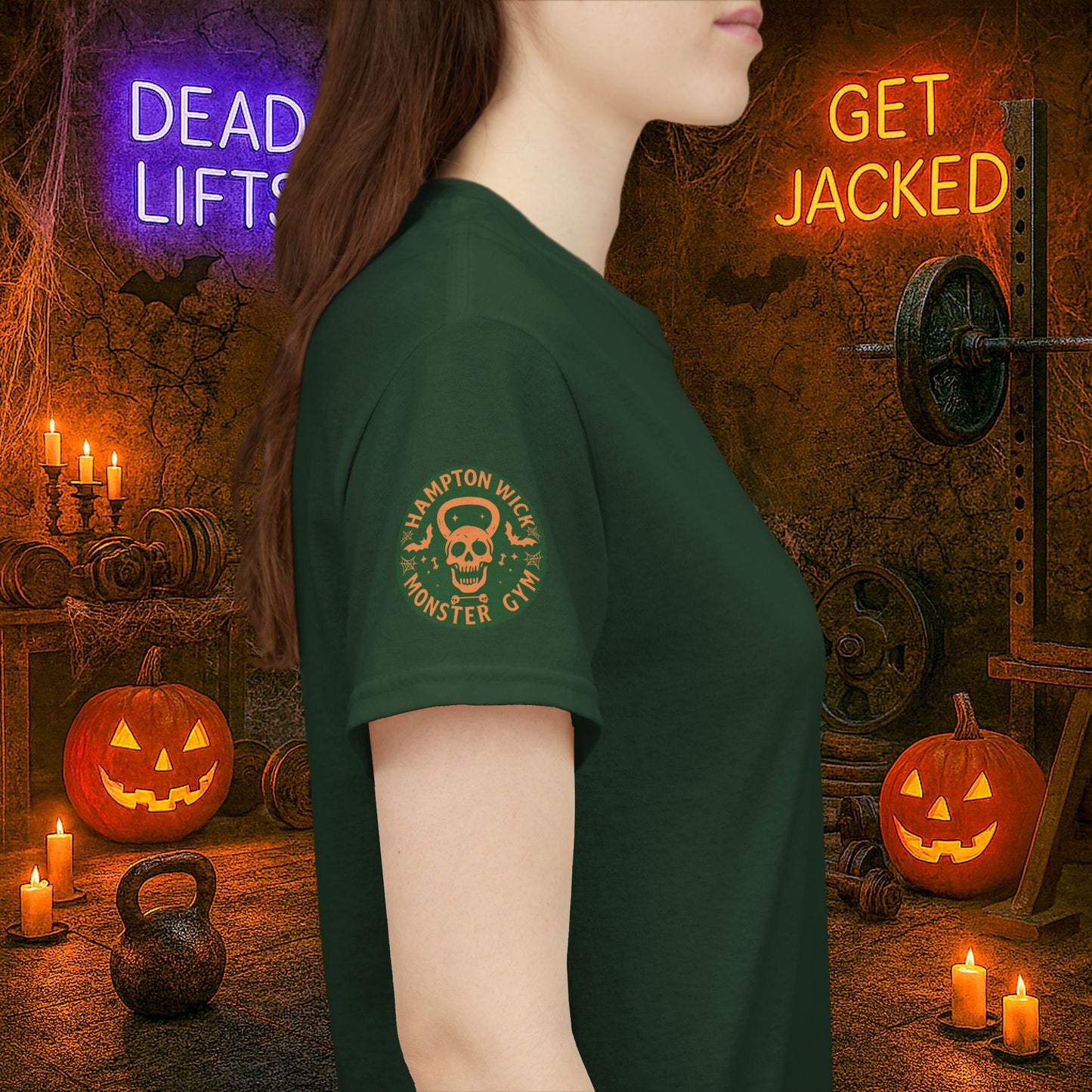 “You Don’t Need Brains Just Gains” Halloween Shirt – Frankenstein & Skeleton Gym Graphic Tee with Arm Design | Funny Spooky Season Costume T-Shirt
