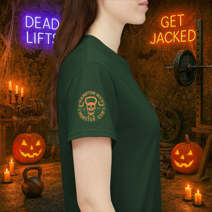“You Don’t Need Brains Just Gains” Halloween Shirt – Frankenstein & Skeleton Gym Graphic Tee with Arm Design | Funny Spooky Season Costume T-Shirt