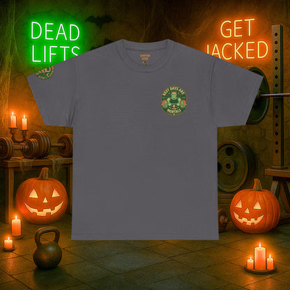 “You Don’t Need Brains Just Gains” Halloween Shirt – Frankenstein & Skeleton Gym Graphic Tee with Arm Design | Funny Spooky Season Costume T-Shirt