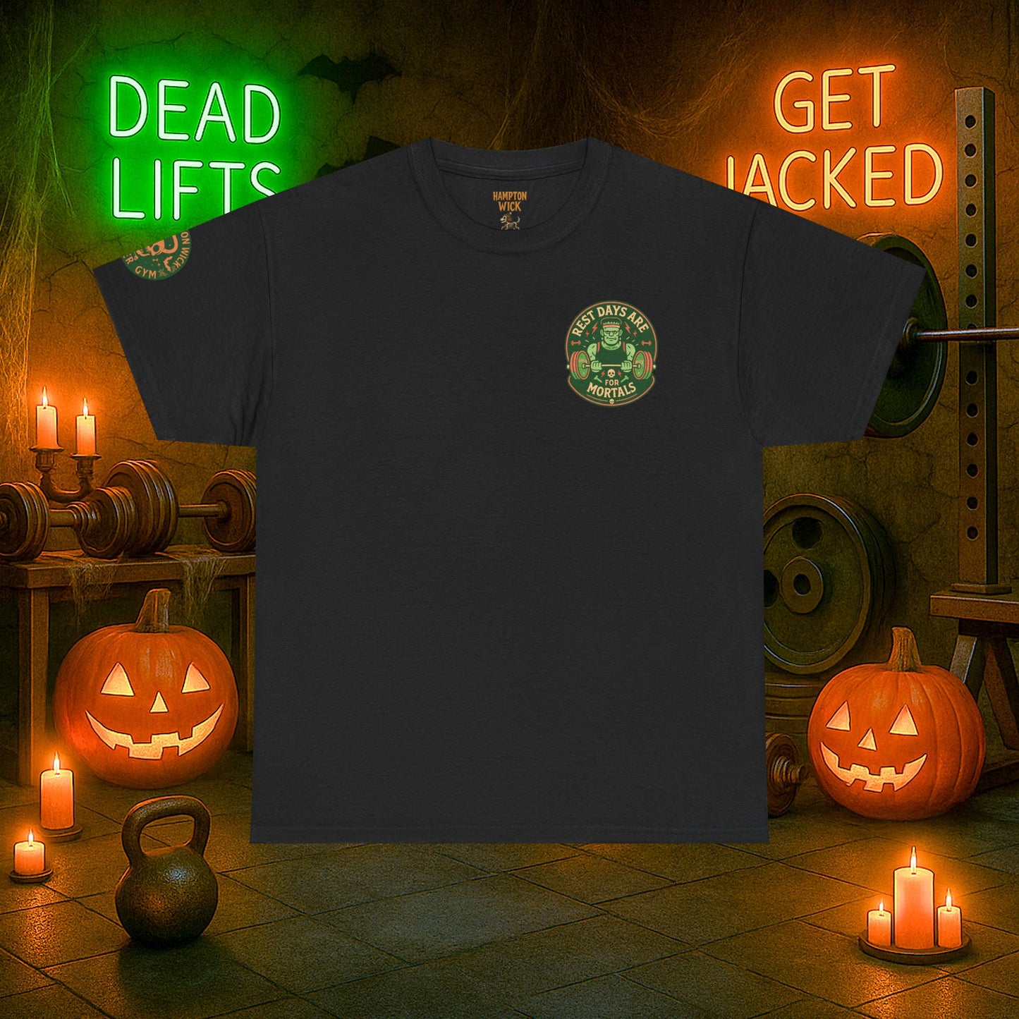 “You Don’t Need Brains Just Gains” Halloween Shirt – Frankenstein & Skeleton Gym Graphic Tee with Arm Design | Funny Spooky Season Costume T-Shirt