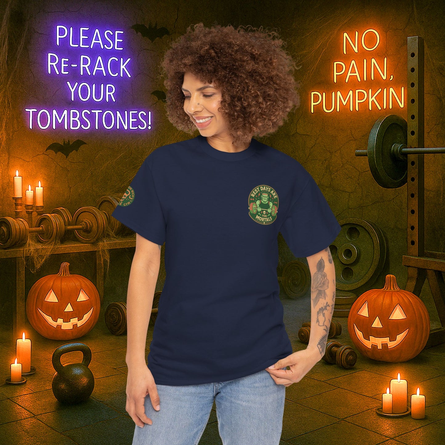 “You Don’t Need Brains Just Gains” Halloween Shirt – Frankenstein & Skeleton Gym Graphic Tee with Arm Design | Funny Spooky Season Costume T-Shirt
