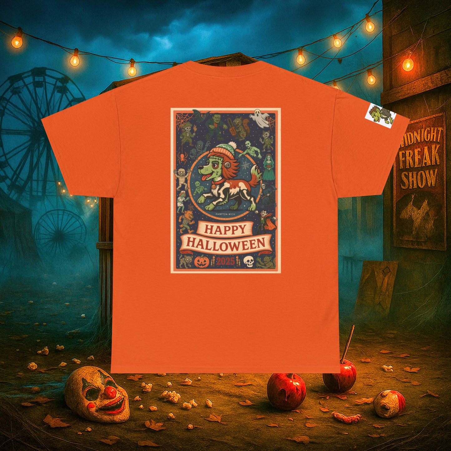 Happy Halloween 2025 T-Shirt – Vintage Horror Dog & Monster Design | Halloween Costume Party Shirt with Arm Design | Spooky Season Tee