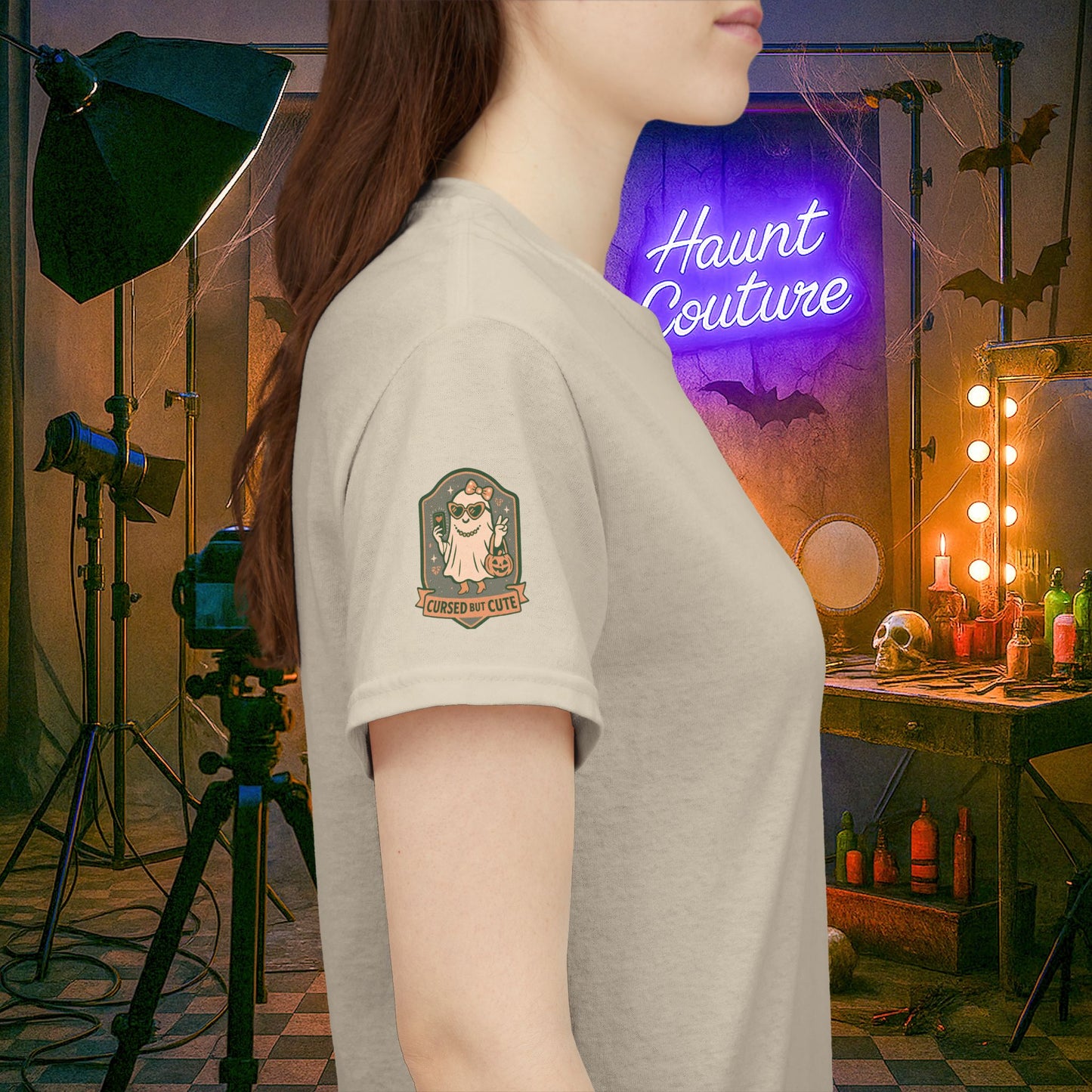 Ghost Influencer SpookTok Star Halloween T-Shirt with Arm Design | Funny Ghost Shirt for Halloween Costume & Party | Spooky Season Tee