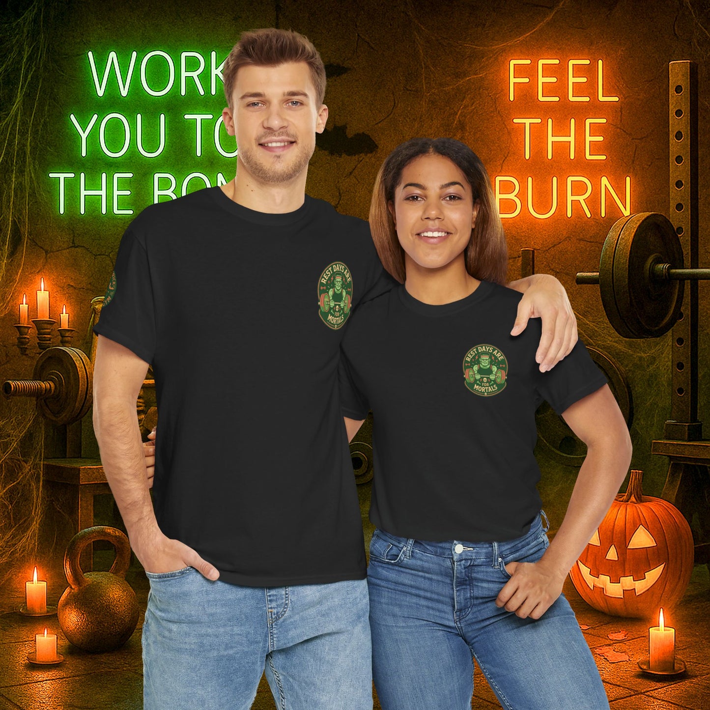 “You Don’t Need Brains Just Gains” Halloween Shirt – Frankenstein & Skeleton Gym Graphic Tee with Arm Design | Funny Spooky Season Costume T-Shirt