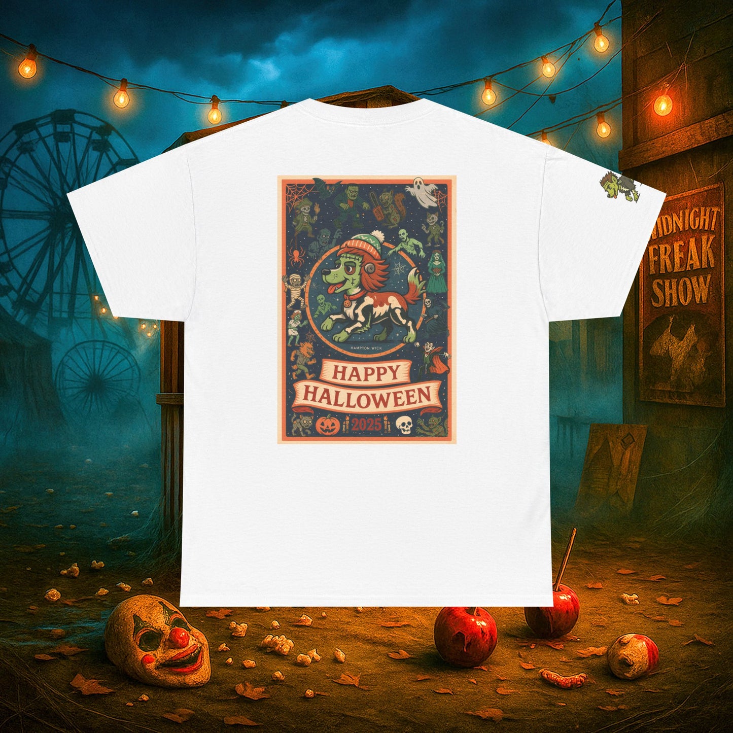 Happy Halloween 2025 T-Shirt – Vintage Horror Dog & Monster Design | Halloween Costume Party Shirt with Arm Design | Spooky Season Tee