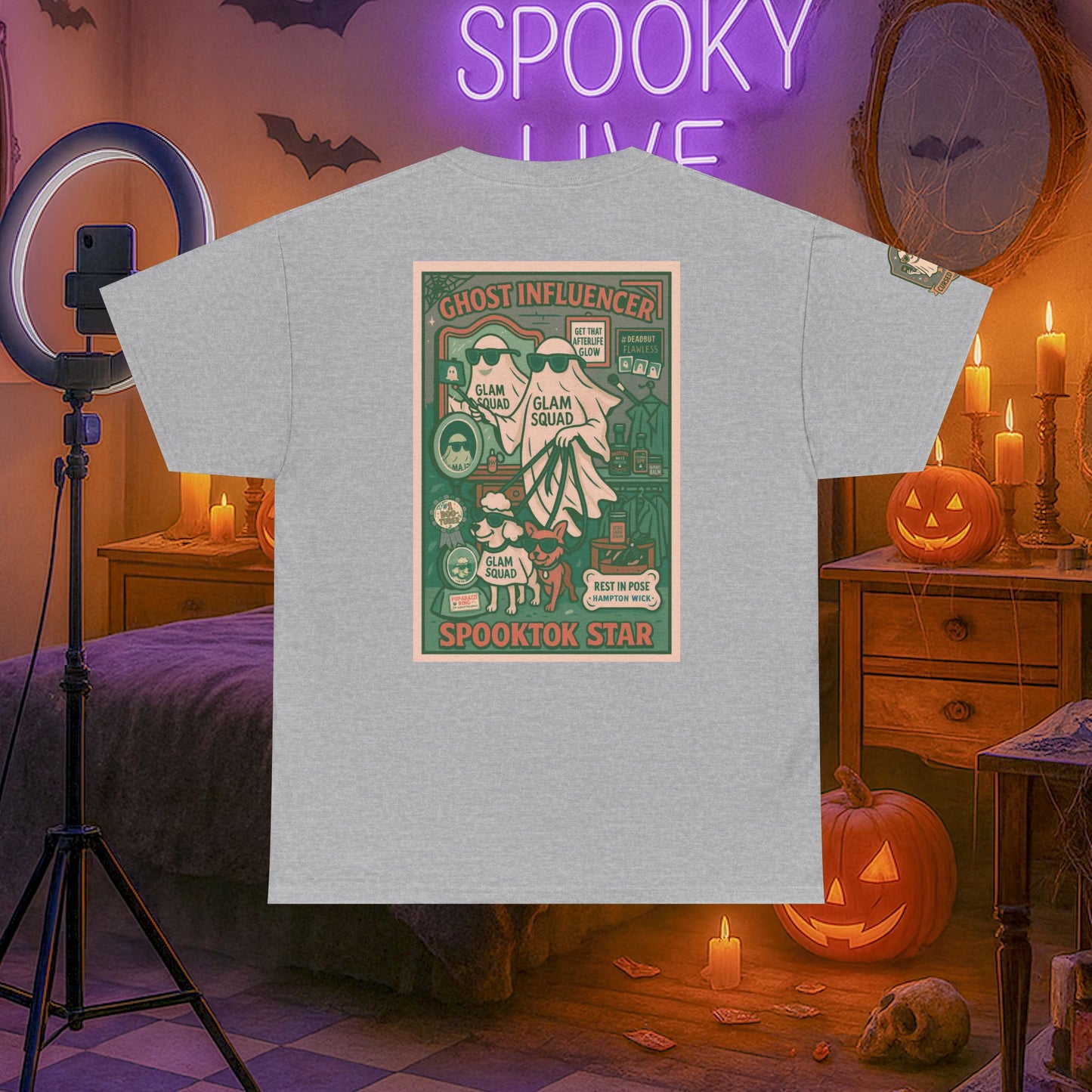 Ghost Influencer SpookTok Star Halloween T-Shirt with Arm Design | Funny Ghost Shirt for Halloween Costume & Party | Spooky Season Tee
