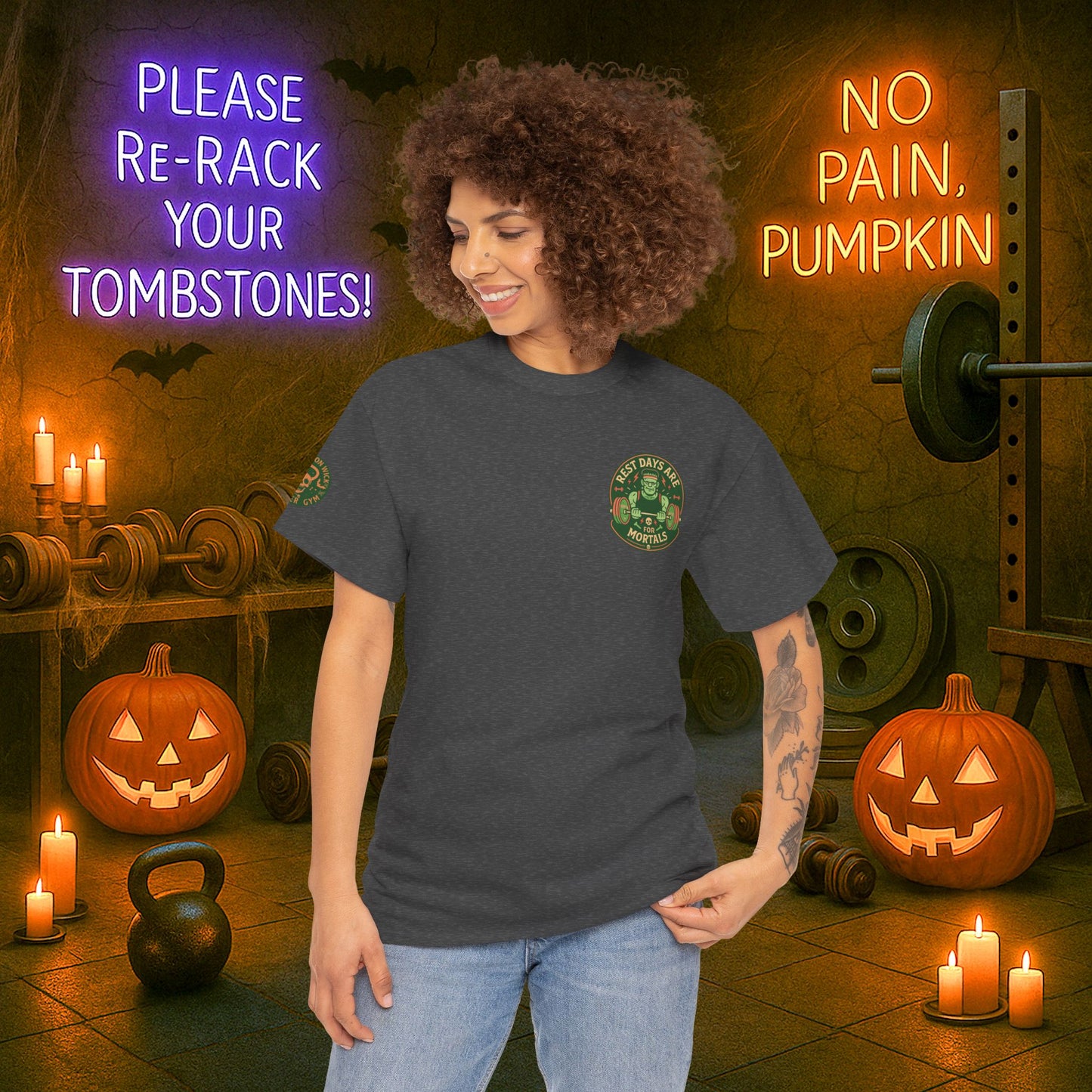 “You Don’t Need Brains Just Gains” Halloween Shirt – Frankenstein & Skeleton Gym Graphic Tee with Arm Design | Funny Spooky Season Costume T-Shirt