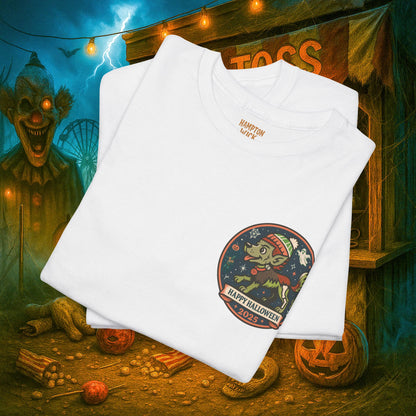 Happy Halloween 2025 T-Shirt – Vintage Horror Dog & Monster Design | Halloween Costume Party Shirt with Arm Design | Spooky Season Tee
