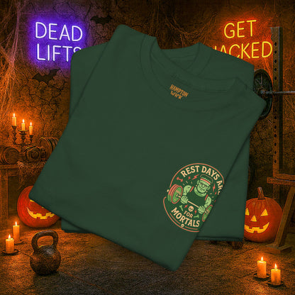 “You Don’t Need Brains Just Gains” Halloween Shirt – Frankenstein & Skeleton Gym Graphic Tee with Arm Design | Funny Spooky Season Costume T-Shirt