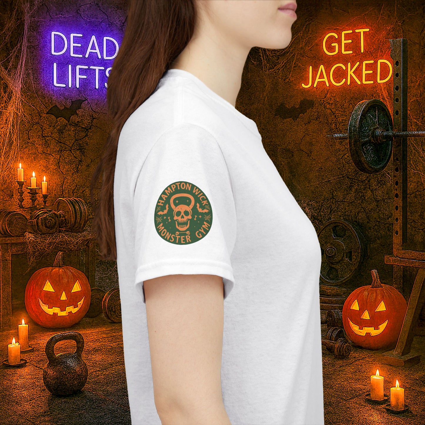 “You Don’t Need Brains Just Gains” Halloween Shirt – Frankenstein & Skeleton Gym Graphic Tee with Arm Design | Funny Spooky Season Costume T-Shirt