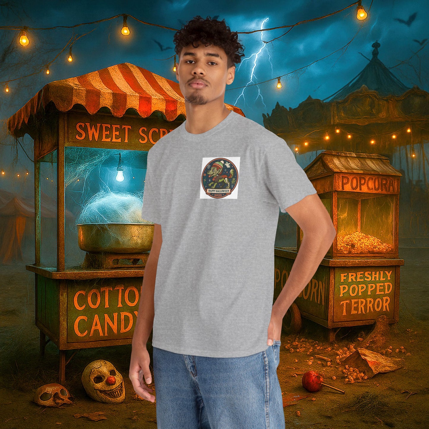 Happy Halloween 2025 T-Shirt – Vintage Horror Dog & Monster Design | Halloween Costume Party Shirt with Arm Design | Spooky Season Tee