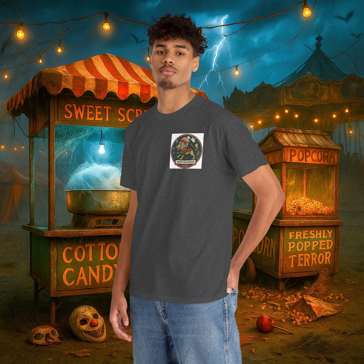 Happy Halloween 2025 T-Shirt – Vintage Horror Dog & Monster Design | Halloween Costume Party Shirt with Arm Design | Spooky Season Tee