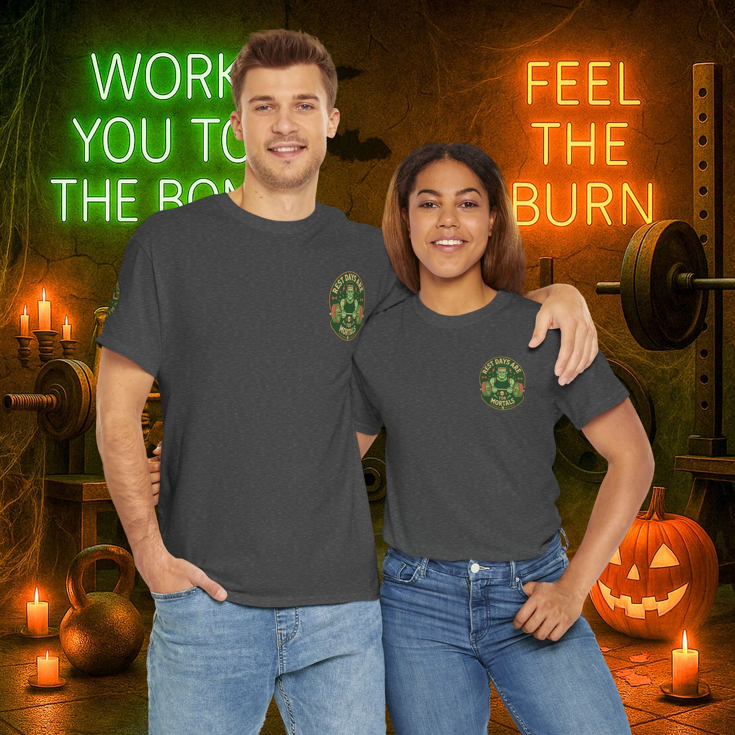 “You Don’t Need Brains Just Gains” Halloween Shirt – Frankenstein & Skeleton Gym Graphic Tee with Arm Design | Funny Spooky Season Costume T-Shirt