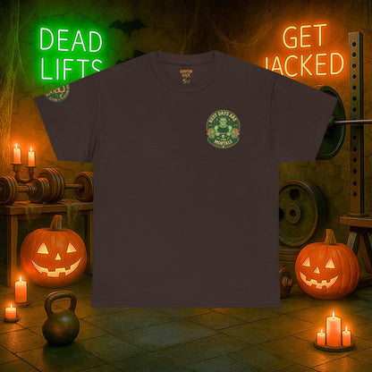 “You Don’t Need Brains Just Gains” Halloween Shirt – Frankenstein & Skeleton Gym Graphic Tee with Arm Design | Funny Spooky Season Costume T-Shirt