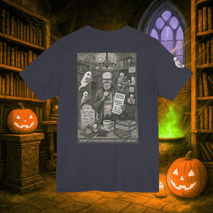 Halloween Shirt with Haunted Library Design & Arm Graphic – Spooky Season Costume Tee for Halloween Party, Men & Women