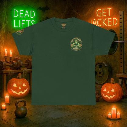 “You Don’t Need Brains Just Gains” Halloween Shirt – Frankenstein & Skeleton Gym Graphic Tee with Arm Design | Funny Spooky Season Costume T-Shirt