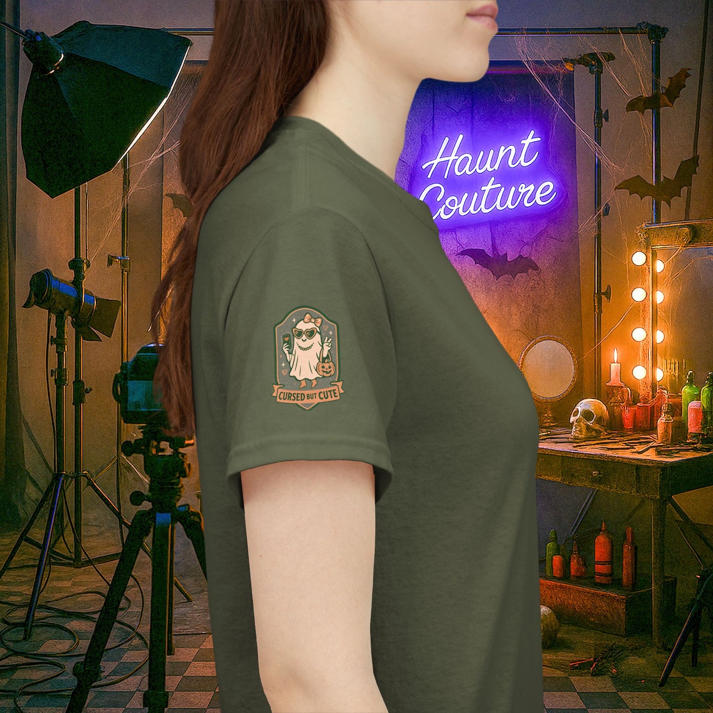 Ghost Influencer SpookTok Star Halloween T-Shirt with Arm Design | Funny Ghost Shirt for Halloween Costume & Party | Spooky Season Tee