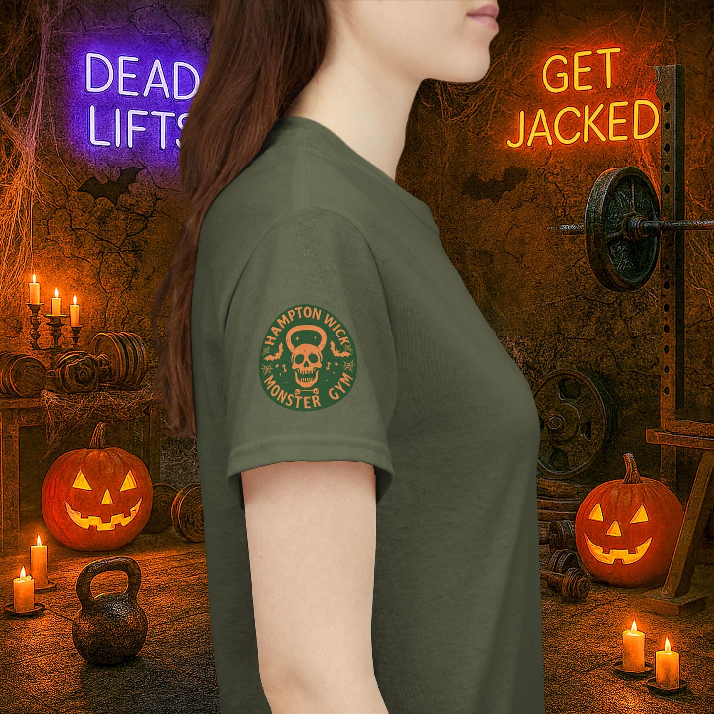 “You Don’t Need Brains Just Gains” Halloween Shirt – Frankenstein & Skeleton Gym Graphic Tee with Arm Design | Funny Spooky Season Costume T-Shirt