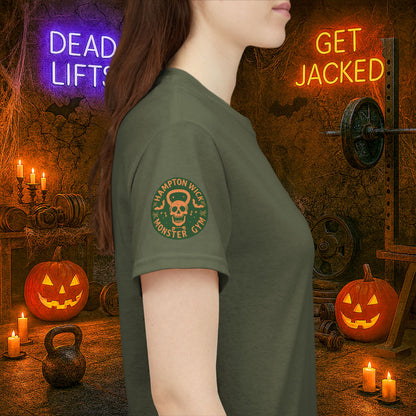 “You Don’t Need Brains Just Gains” Halloween Shirt – Frankenstein & Skeleton Gym Graphic Tee with Arm Design | Funny Spooky Season Costume T-Shirt