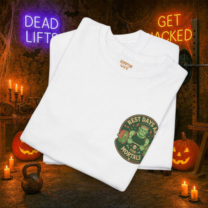 “You Don’t Need Brains Just Gains” Halloween Shirt – Frankenstein & Skeleton Gym Graphic Tee with Arm Design | Funny Spooky Season Costume T-Shirt