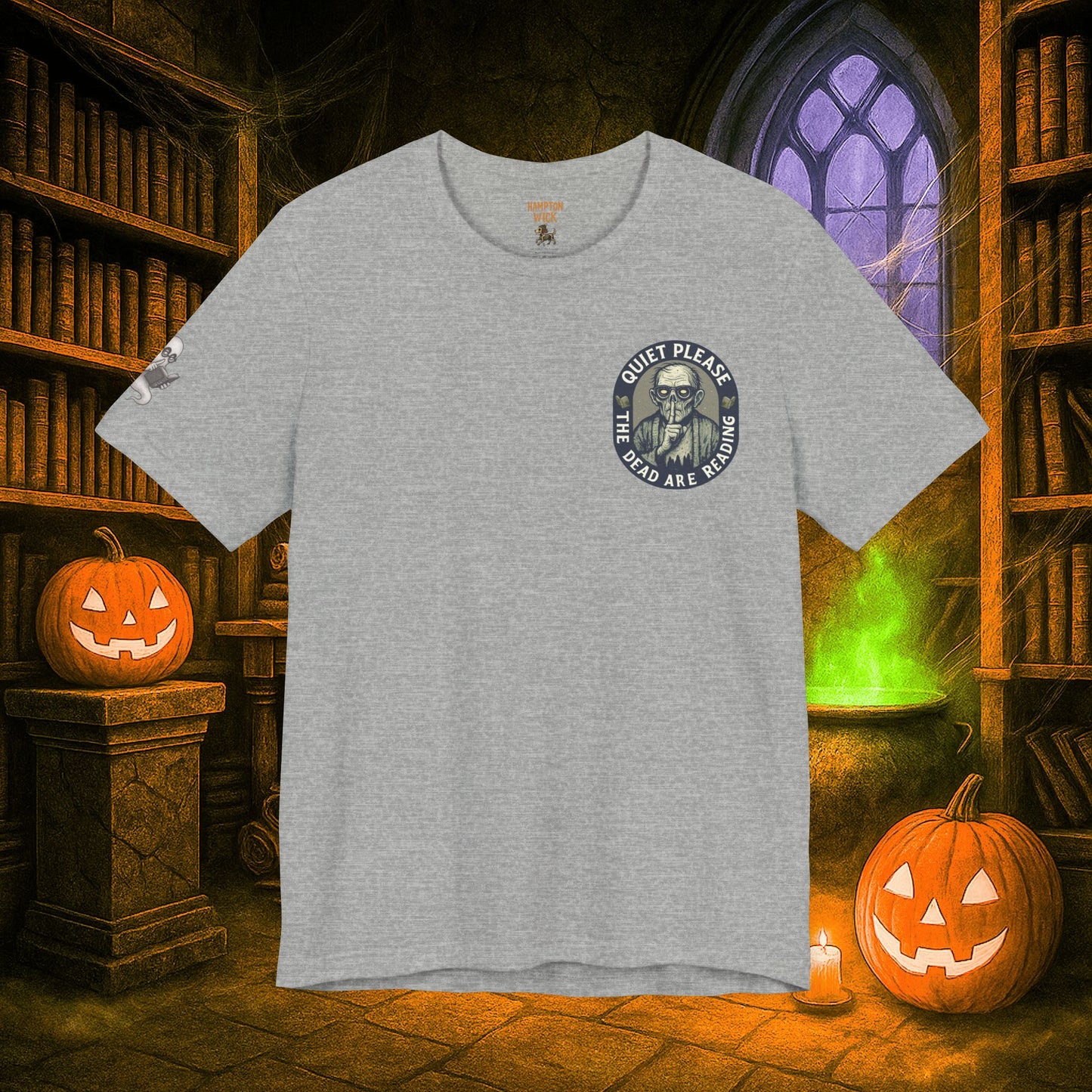 Halloween Shirt with Haunted Library Design & Arm Graphic – Spooky Season Costume Tee for Halloween Party, Men & Women