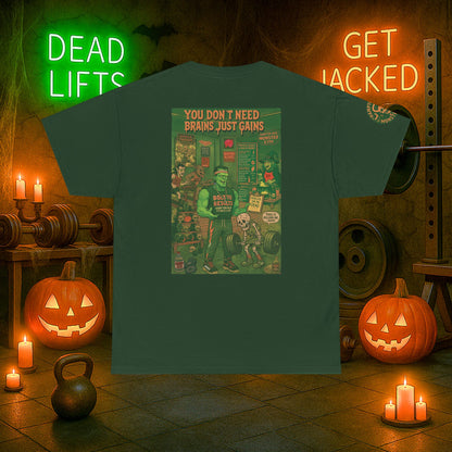 “You Don’t Need Brains Just Gains” Halloween Shirt – Frankenstein & Skeleton Gym Graphic Tee with Arm Design | Funny Spooky Season Costume T-Shirt