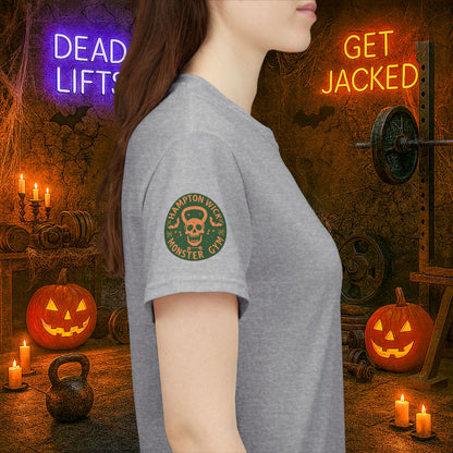 “You Don’t Need Brains Just Gains” Halloween Shirt – Frankenstein & Skeleton Gym Graphic Tee with Arm Design | Funny Spooky Season Costume T-Shirt