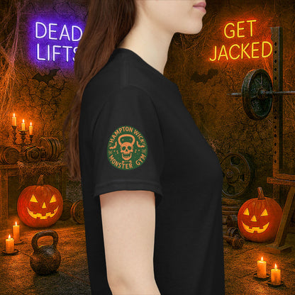 “You Don’t Need Brains Just Gains” Halloween Shirt – Frankenstein & Skeleton Gym Graphic Tee with Arm Design | Funny Spooky Season Costume T-Shirt