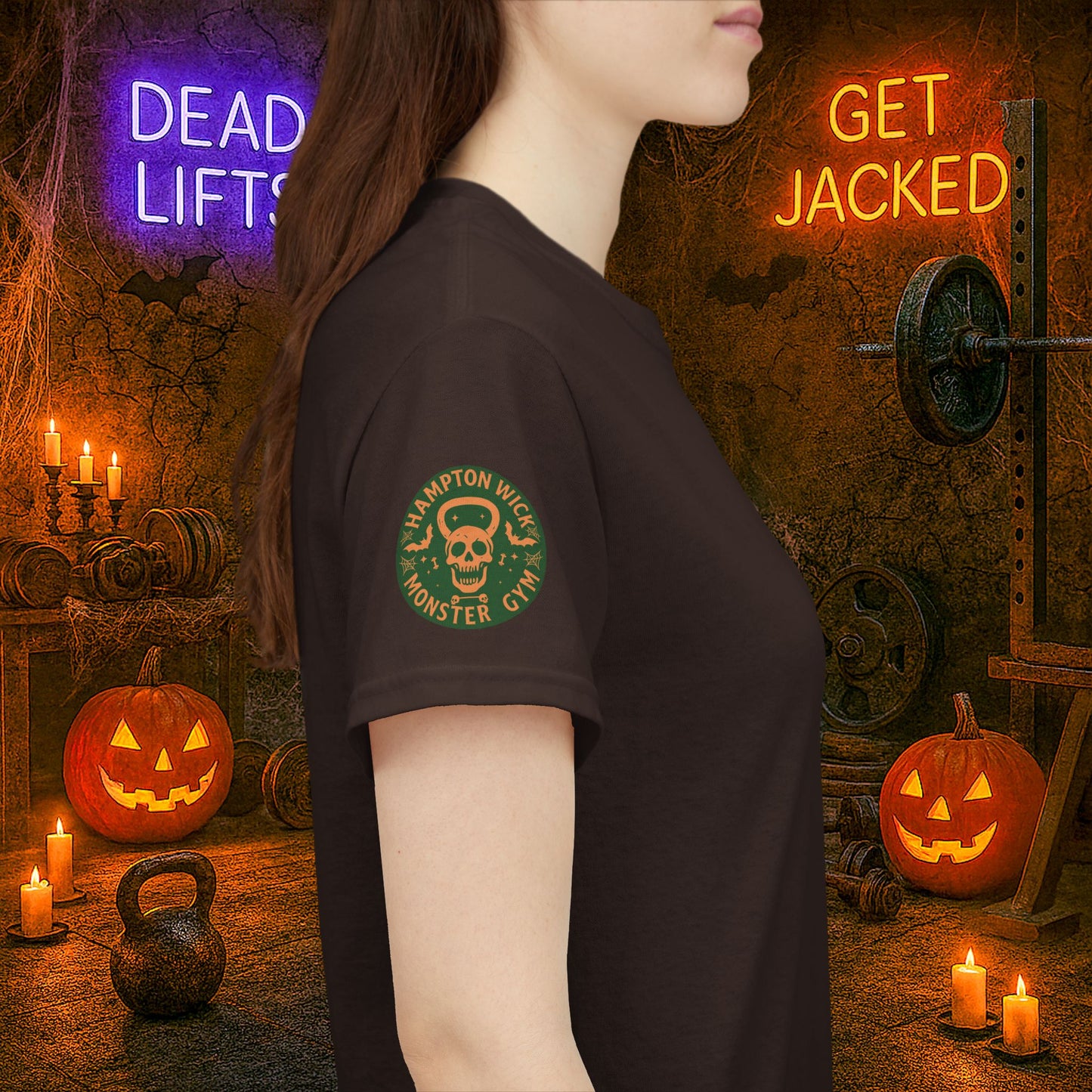 “You Don’t Need Brains Just Gains” Halloween Shirt – Frankenstein & Skeleton Gym Graphic Tee with Arm Design | Funny Spooky Season Costume T-Shirt