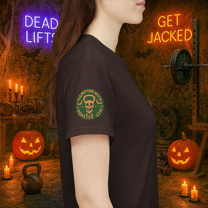 “You Don’t Need Brains Just Gains” Halloween Shirt – Frankenstein & Skeleton Gym Graphic Tee with Arm Design | Funny Spooky Season Costume T-Shirt