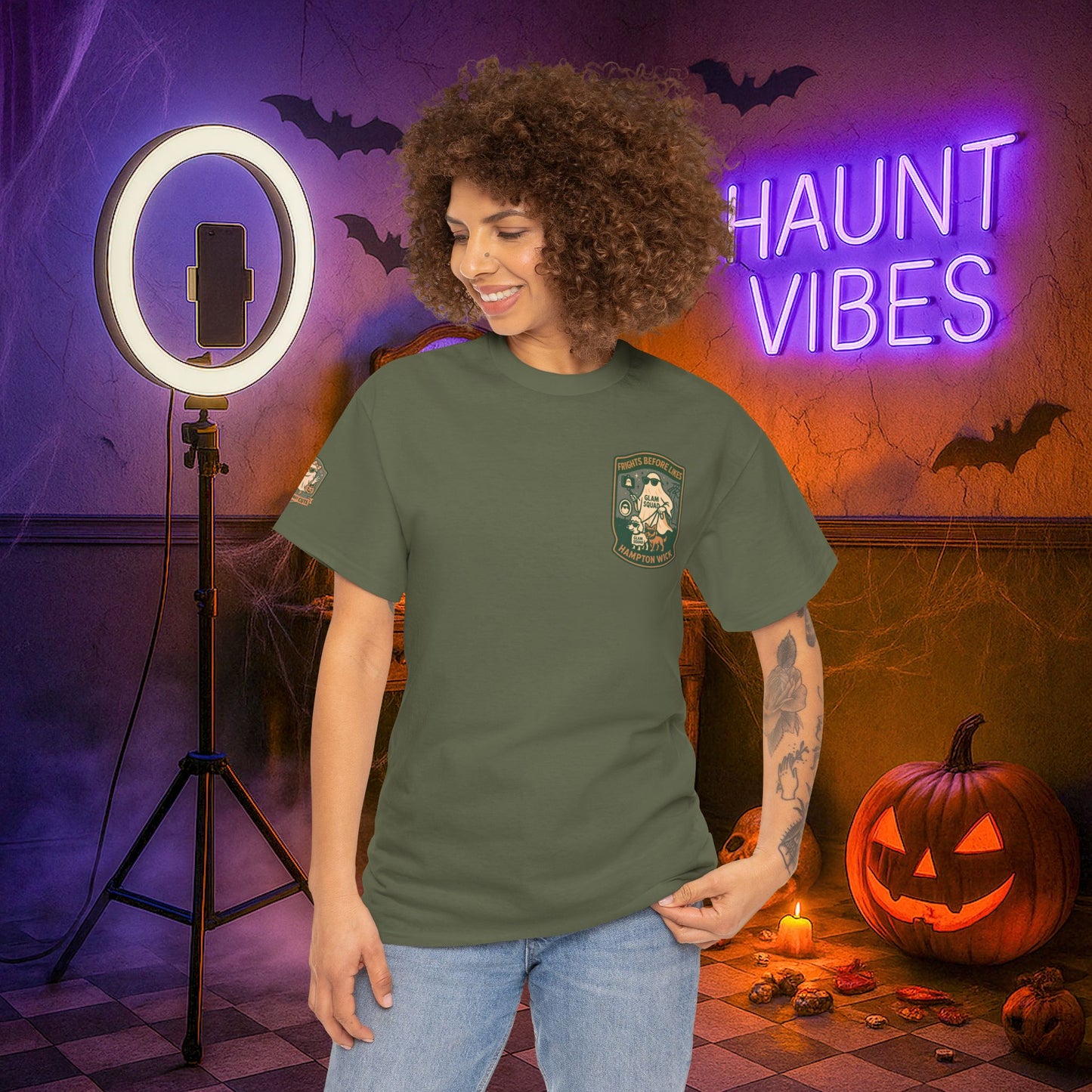 Ghost Influencer SpookTok Star Halloween T-Shirt with Arm Design | Funny Ghost Shirt for Halloween Costume & Party | Spooky Season Tee