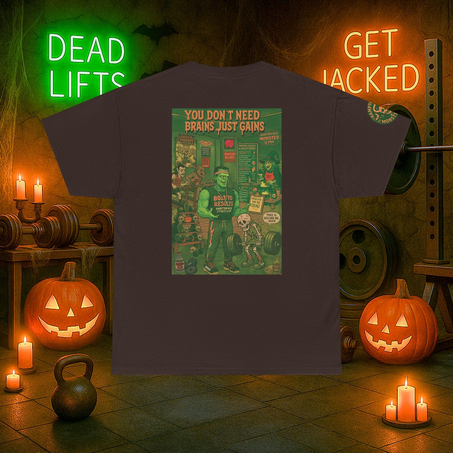 “You Don’t Need Brains Just Gains” Halloween Shirt – Frankenstein & Skeleton Gym Graphic Tee with Arm Design | Funny Spooky Season Costume T-Shirt