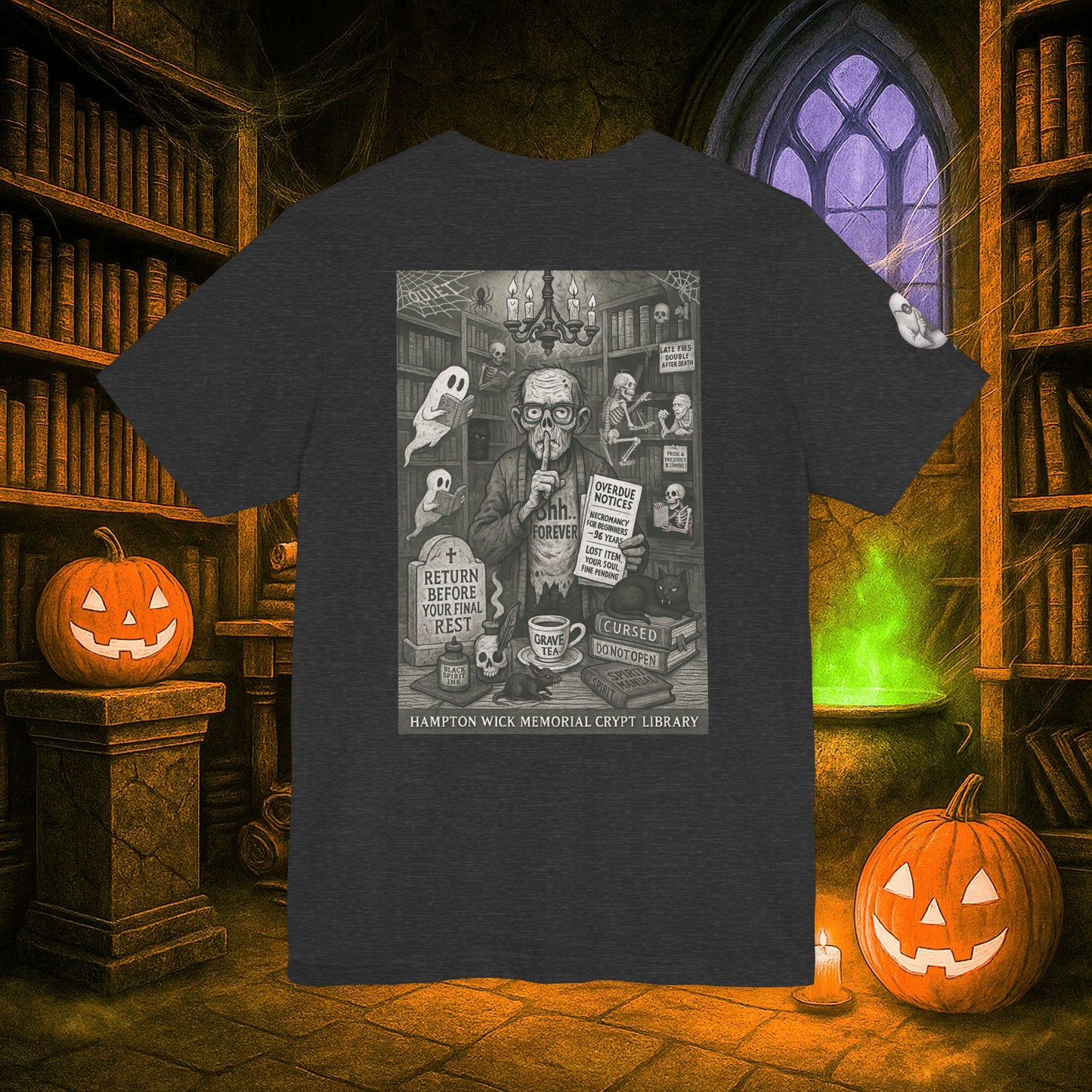 Halloween Shirt with Haunted Library Design & Arm Graphic – Spooky Season Costume Tee for Halloween Party, Men & Women