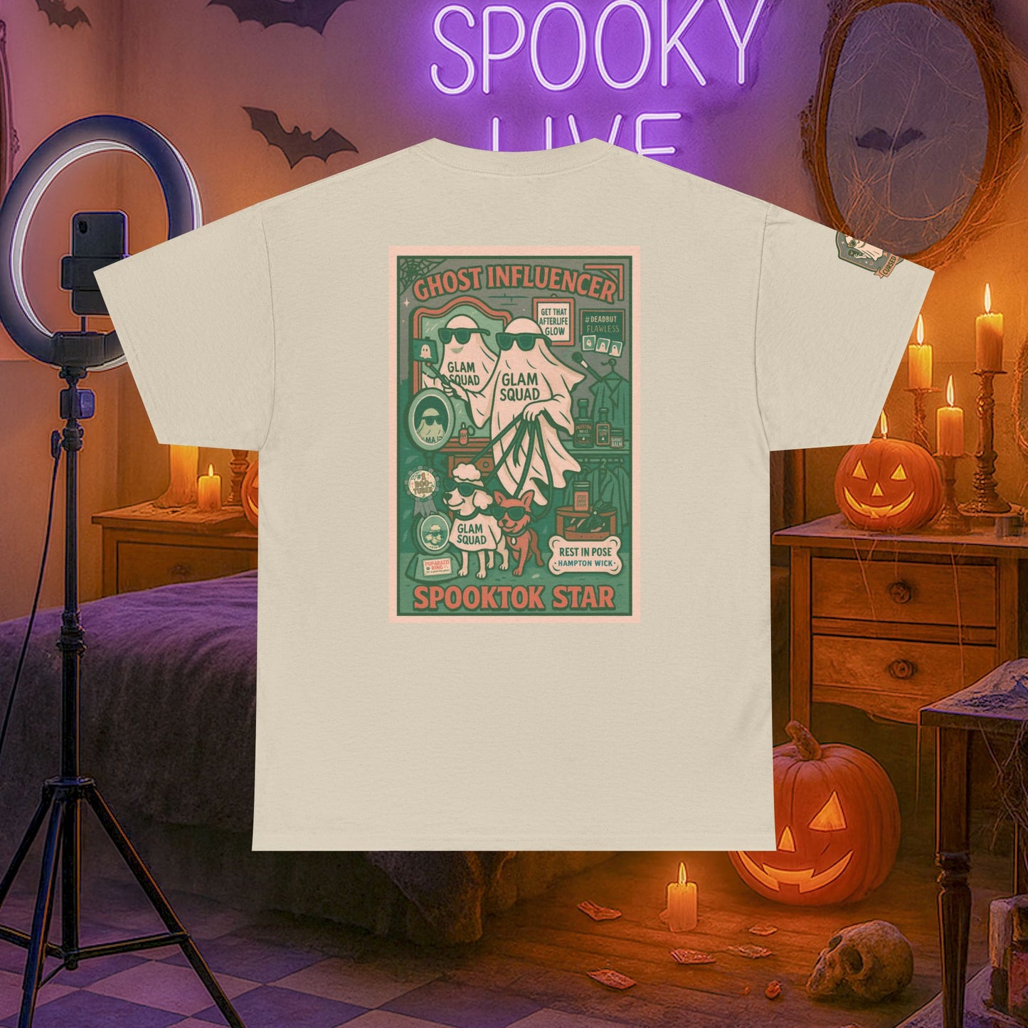 Ghost Influencer SpookTok Star Halloween T-Shirt with Arm Design | Funny Ghost Shirt for Halloween Costume & Party | Spooky Season Tee
