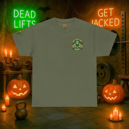 “You Don’t Need Brains Just Gains” Halloween Shirt – Frankenstein & Skeleton Gym Graphic Tee with Arm Design | Funny Spooky Season Costume T-Shirt