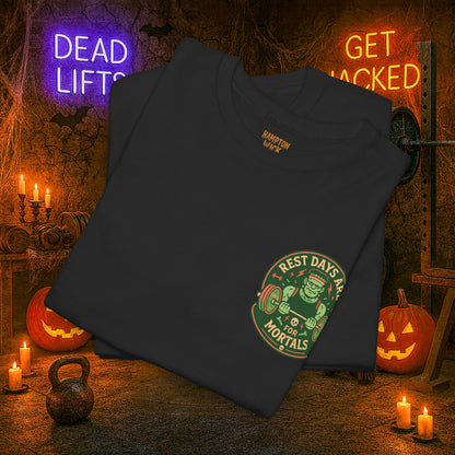 “You Don’t Need Brains Just Gains” Halloween Shirt – Frankenstein & Skeleton Gym Graphic Tee with Arm Design | Funny Spooky Season Costume T-Shirt