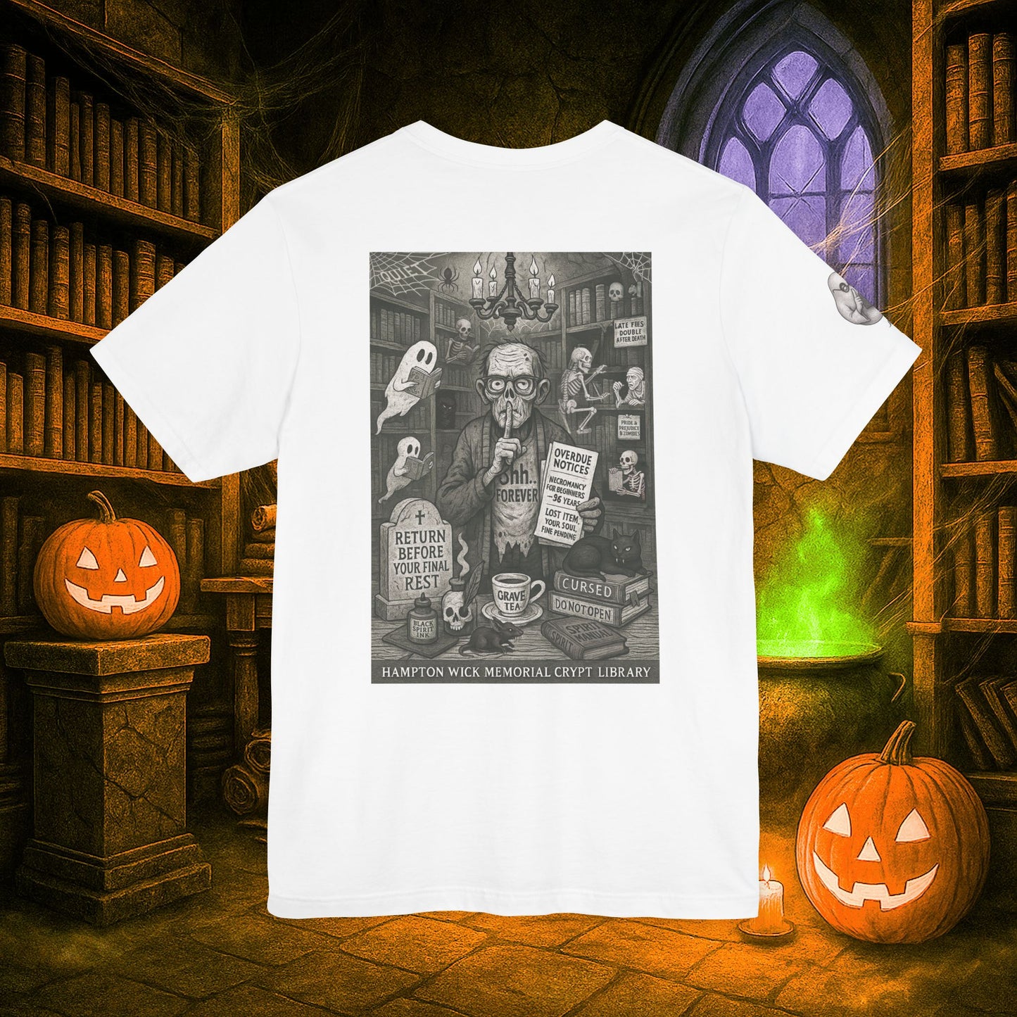 Halloween Shirt with Haunted Library Design & Arm Graphic – Spooky Season Costume Tee for Halloween Party, Men & Women
