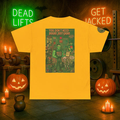 “You Don’t Need Brains Just Gains” Halloween Shirt – Frankenstein & Skeleton Gym Graphic Tee with Arm Design | Funny Spooky Season Costume T-Shirt