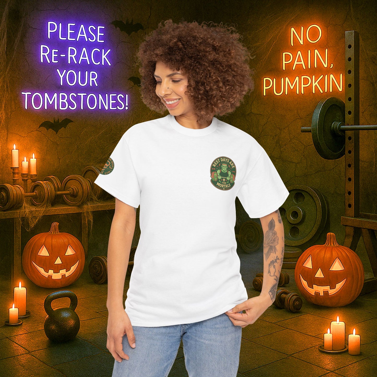 “You Don’t Need Brains Just Gains” Halloween Shirt – Frankenstein & Skeleton Gym Graphic Tee with Arm Design | Funny Spooky Season Costume T-Shirt