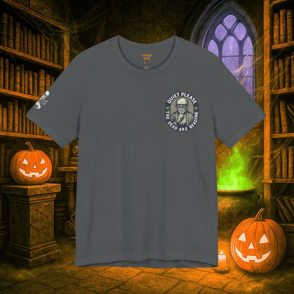 Halloween Shirt with Haunted Library Design & Arm Graphic – Spooky Season Costume Tee for Halloween Party, Men & Women