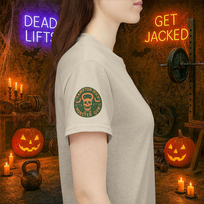 “You Don’t Need Brains Just Gains” Halloween Shirt – Frankenstein & Skeleton Gym Graphic Tee with Arm Design | Funny Spooky Season Costume T-Shirt