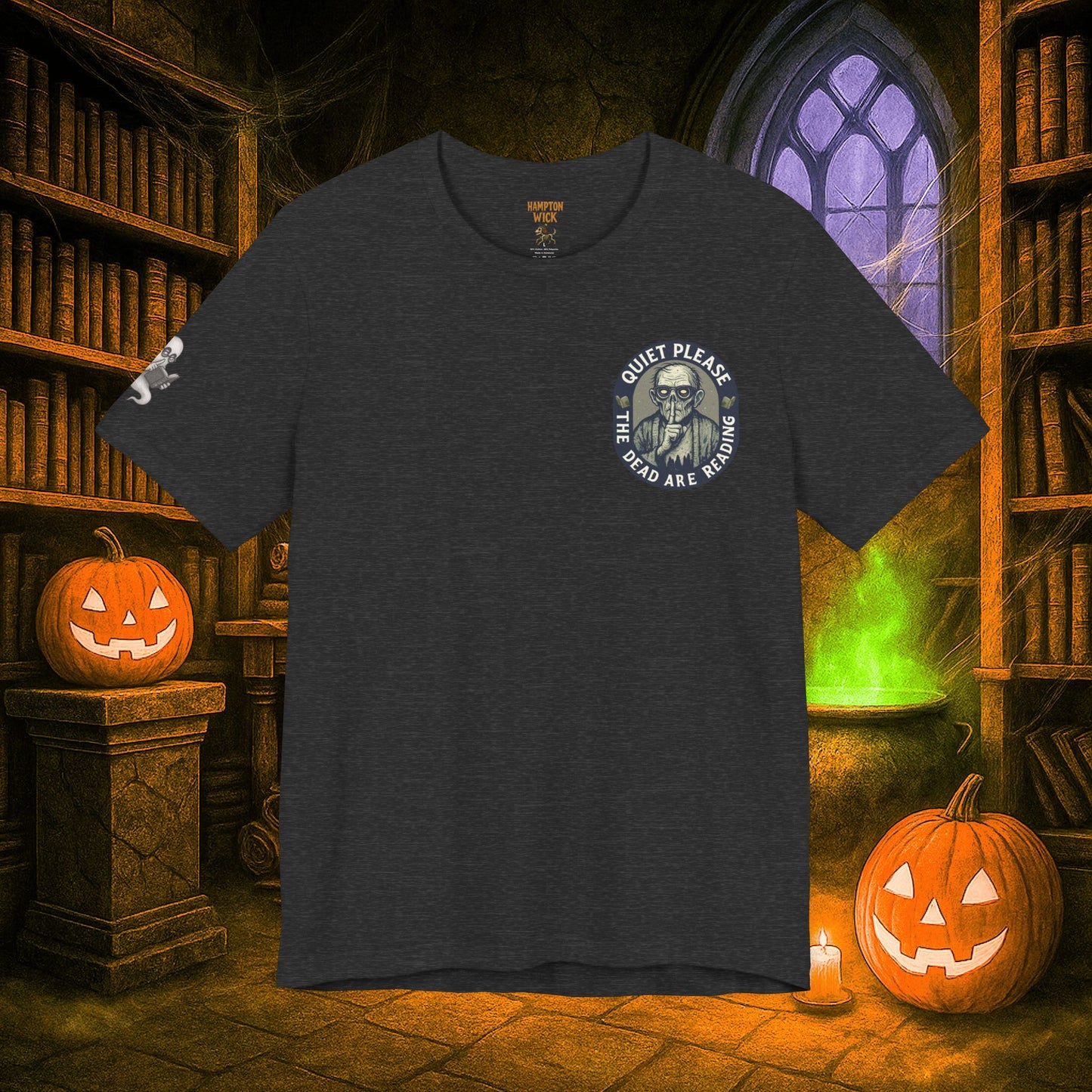 Halloween Shirt with Haunted Library Design & Arm Graphic – Spooky Season Costume Tee for Halloween Party, Men & Women