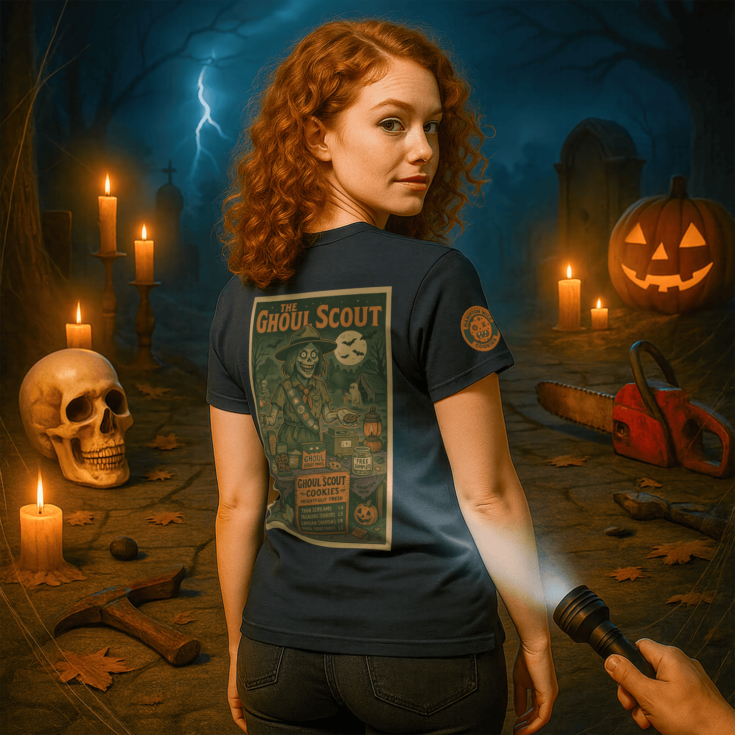 Ghoul Scout Halloween Shirt – Vintage Horror Graphic Tee with Arm Design | Spooky Season Costume T-Shirt | Funny Halloween Party Gift, Retro Shirt for Men & Women