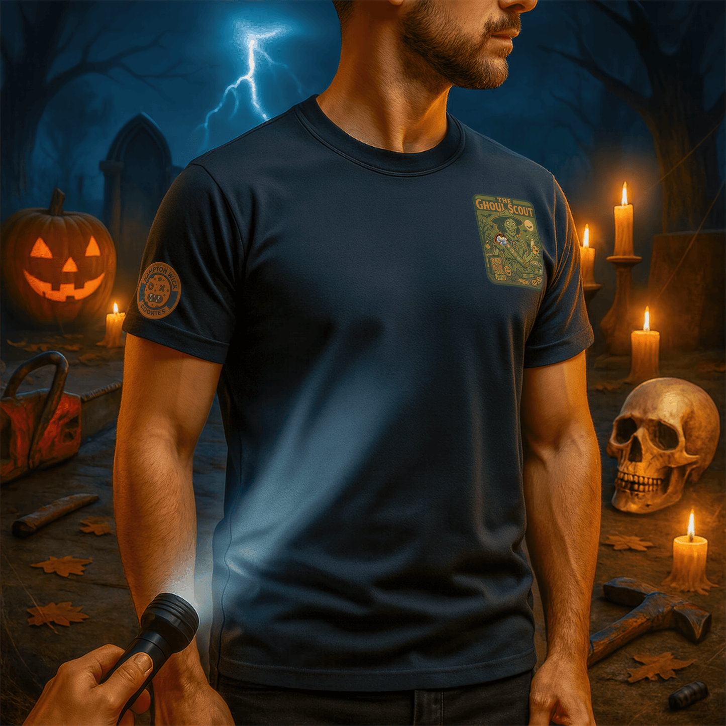 Ghoul Scout Halloween Shirt – Vintage Horror Graphic Tee with Arm Design | Spooky Season Costume T-Shirt | Funny Halloween Party Gift, Retro Shirt for Men & Women
