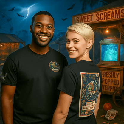 Happy Halloween 2025 T-Shirt – Vintage Horror Dog & Monster Design | Halloween Costume Party Shirt with Arm Design | Spooky Season Tee