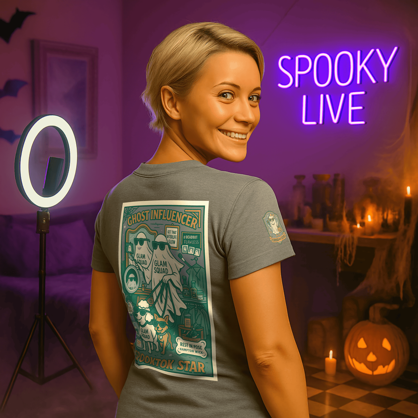 Ghost Influencer SpookTok Star Halloween T-Shirt with Arm Design | Funny Ghost Shirt for Halloween Costume & Party | Spooky Season Tee