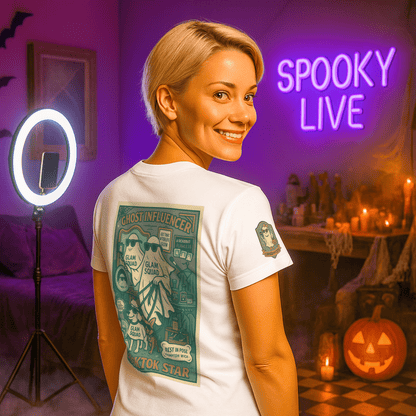 Ghost Influencer SpookTok Star Halloween T-Shirt with Arm Design | Funny Ghost Shirt for Halloween Costume & Party | Spooky Season Tee